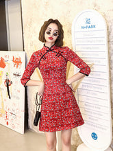 Standing Neckline Round Placket, Middle Sleeve Cheongsam Mini Dress